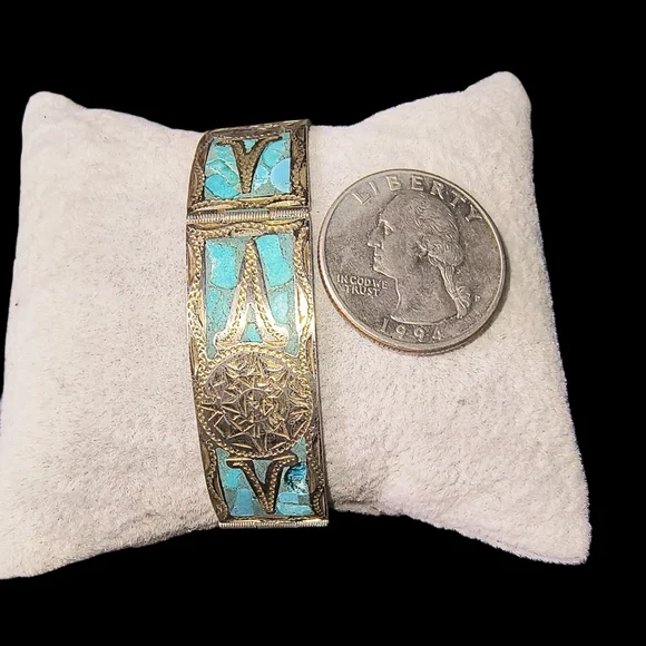 Vintage Mexico Sterling Silver & Crushed Turquoise Inca/Mayan Panel Bracelet - Picture 4 of 13